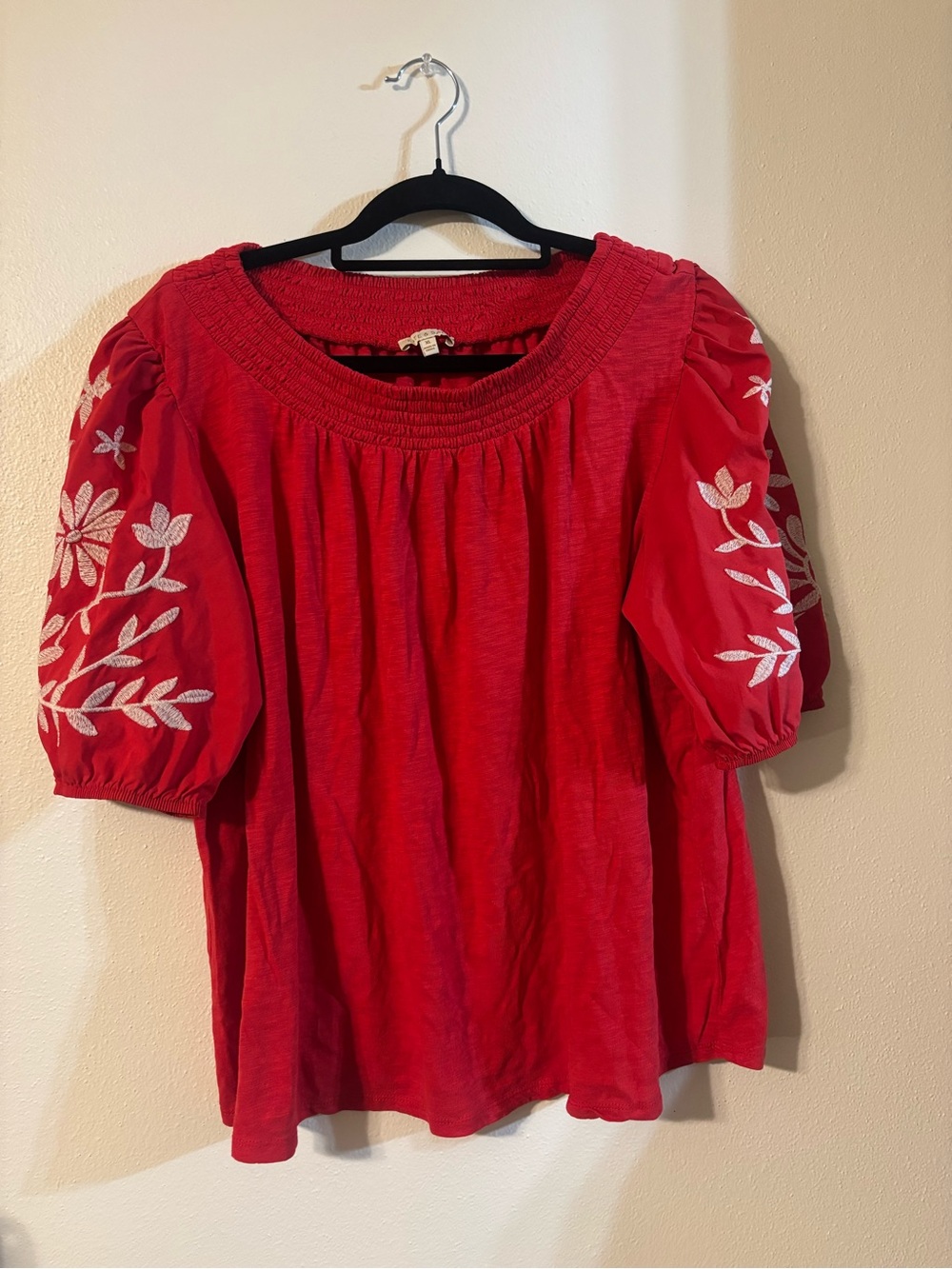 Red Puff-Sleeve Embroidered Peasant Blouse